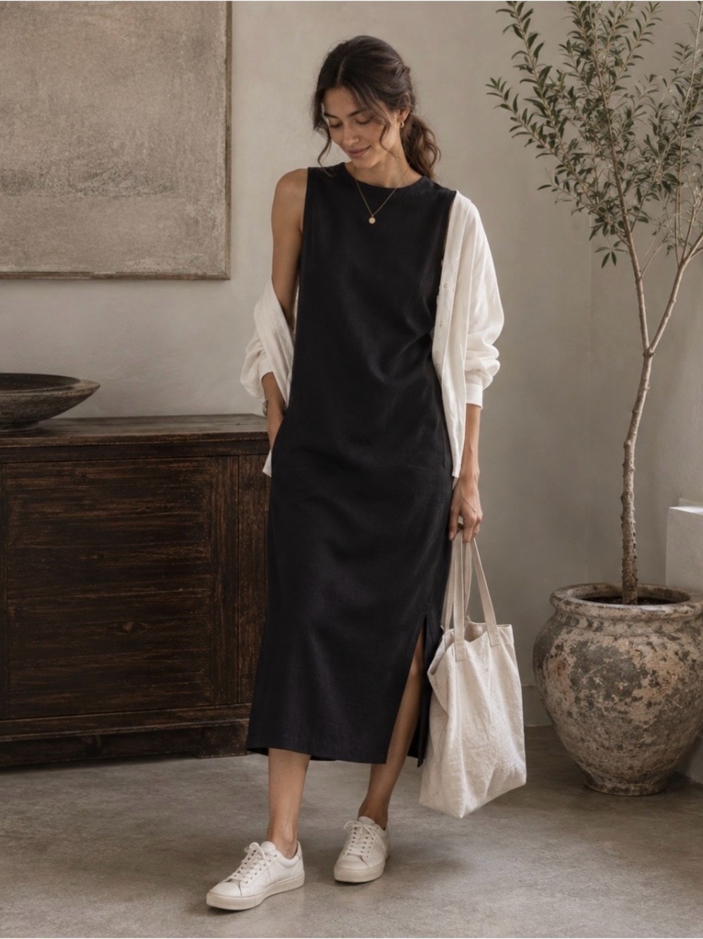 NWOT Everlane Weekend Tank Midi Dress Organic Cotton Side Slit Black XXS
